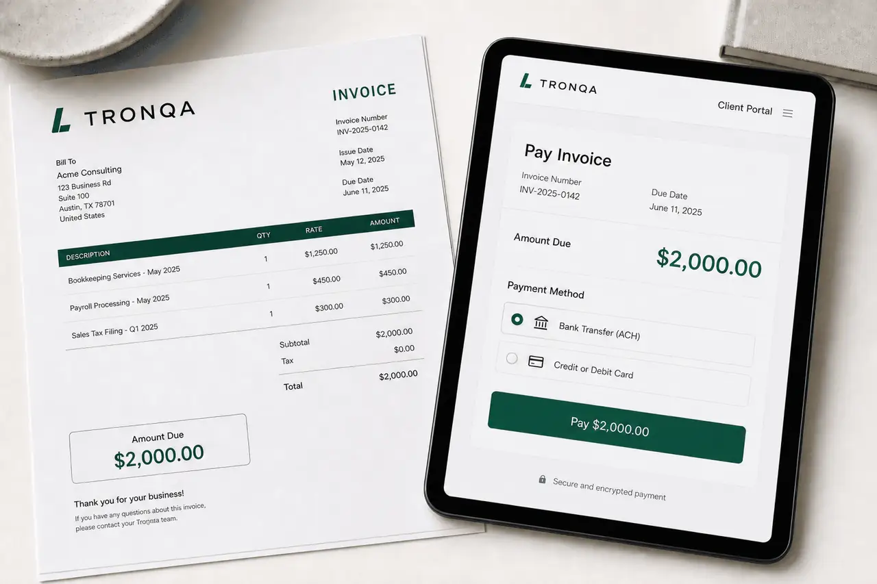 Tronqa invoice and client portal payment view